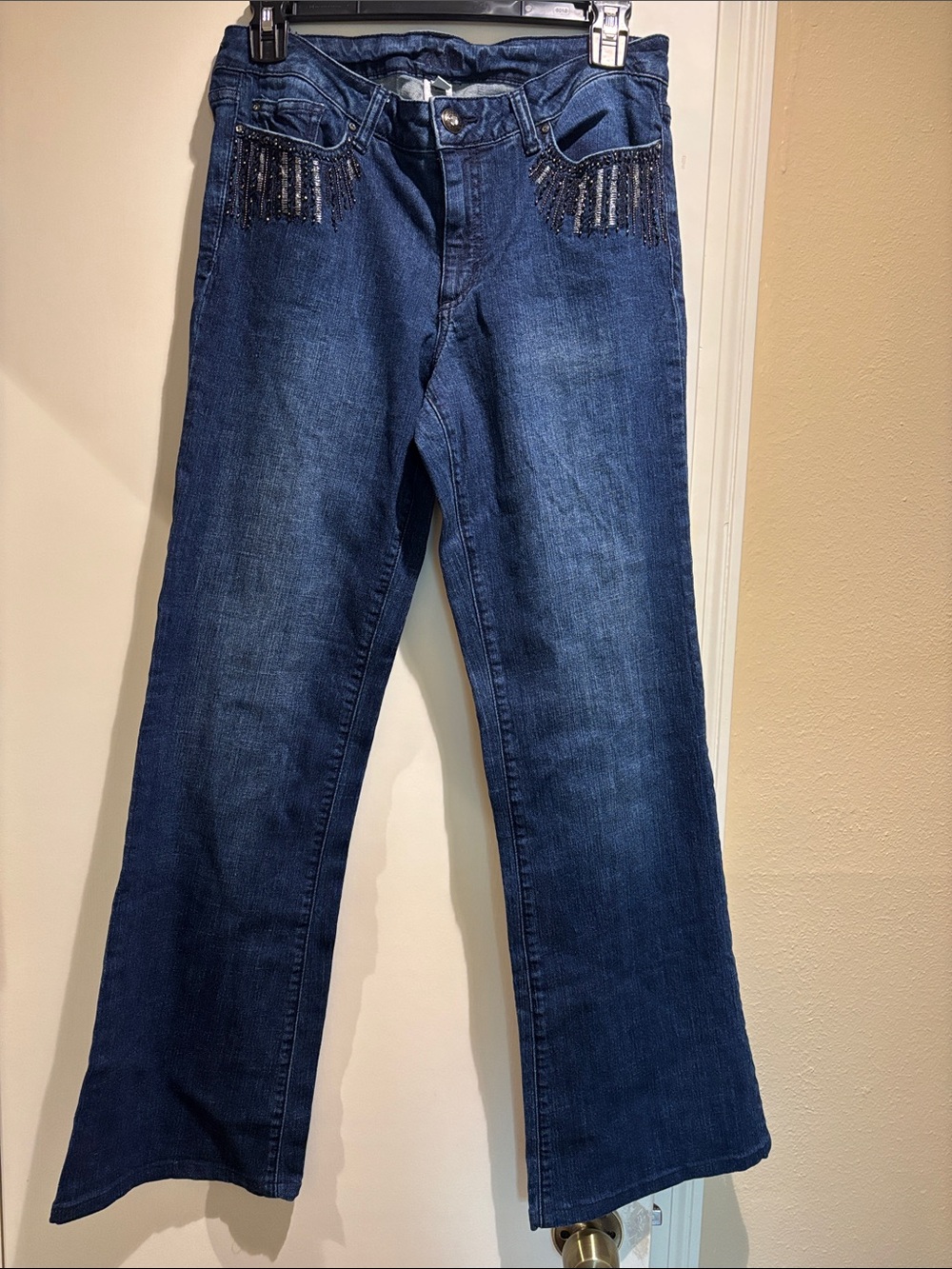 Cache Dark Indigo Bootcut Jeans with Beaded Fringe Accents